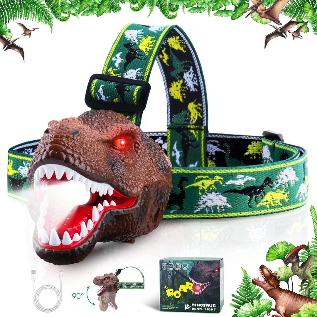 Dysaim Kids Headlamp, Dinosaur LED Rechargeable Headlamp for Kids Flashlight Outdoor Camping Essentials Gear, Dinosaur Toys Headlight for Boys Girls/Adults, Ideal Gift Toys for Birthday Rave Party (Dark Brown)