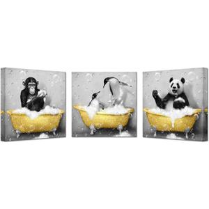 KREATIVE ARTS Funny Animals Bathroom Decor Wall Art Poster Prints Framed Set of 3 Wall Decor Humor Gorillas Penguins and Pandas in Bathtub Black and White Artwork Print (Yellow)