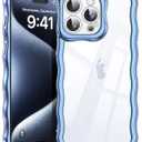 SKYLMW Compatible with iPhone 15 Pro Case, Kawaii Cute Curly Wave Frame Luxury Plating Edge, Stylish Glossy Clear Back, Soft TPU Shockproof Protective Cases for iPhone 15 Pro, Blue