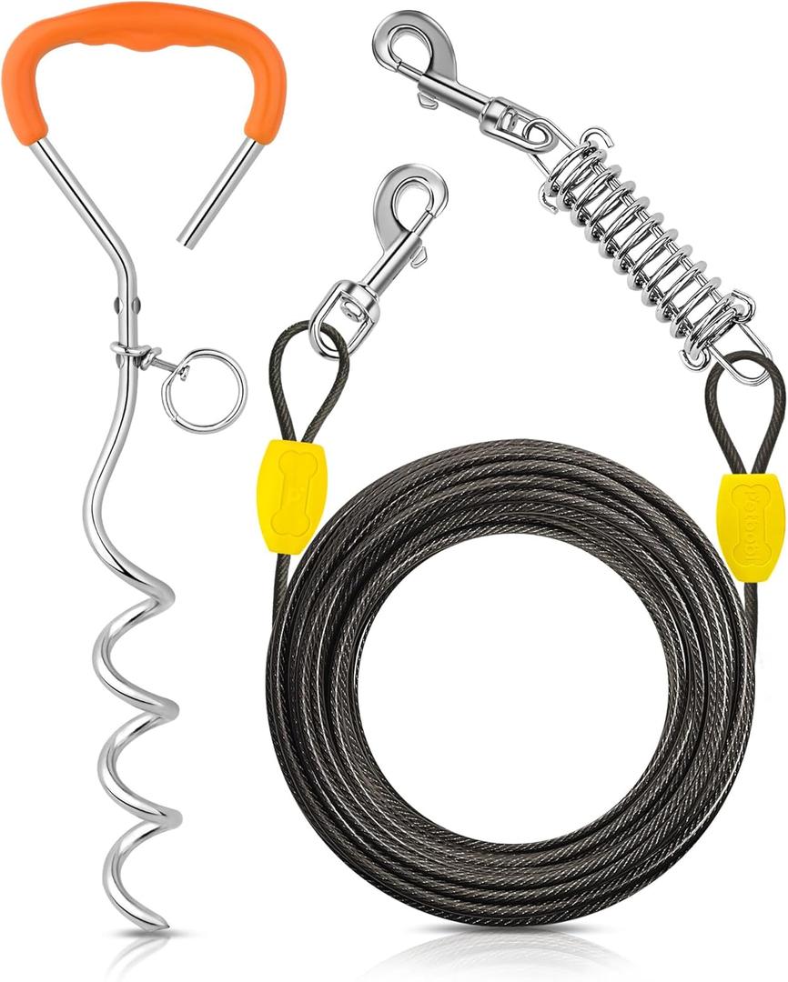 Petbobi Dog Tie-Out Cable and Stake - 40ft Heavy Duty Cable with Spring, No Tangle, 16in Ground Stake, Ideal for Yard, Camping and Beach, Suitable for Medium to Large Dogs Up to 120 lbs, Black