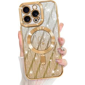 Bonoma Compatible with iPhone 16 Pro Case Support for MagSafe, Plating Heart Glitter Magnetic Checkered Case TPU Camera Protection Back Cover for Girls Women -Gold