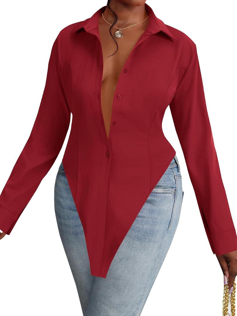 OPOIPIN Women's Collar V Neck Button Down Long Sleeve Slim Fit Slit Hem Shirt Blouse Top (S)