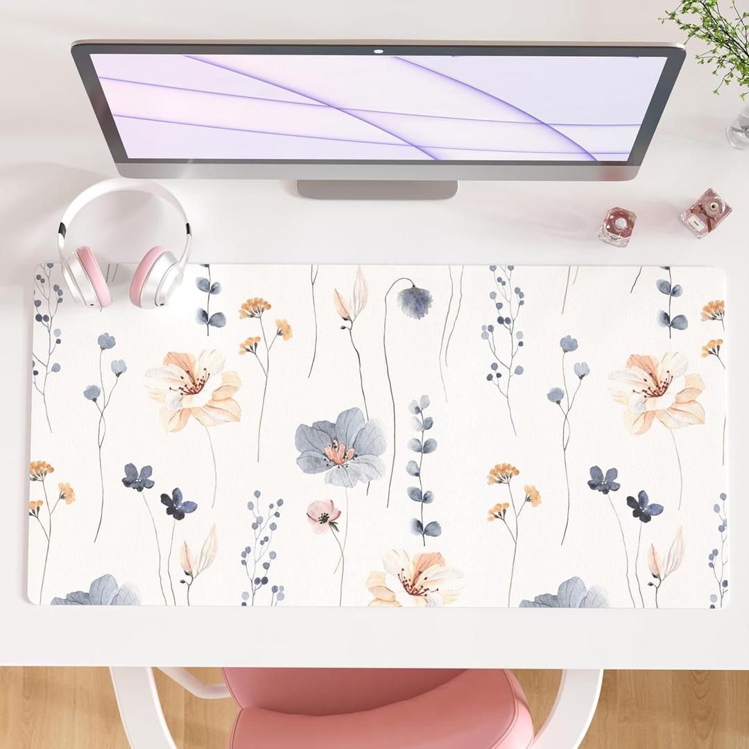 2 x QIYI Large Mouse Pad, Floral Desk Mat for Desktop, Women Girls PU Leather Waterproof Gaming Mousepad, Computer Laptop Flower Desk Accessories Protector Writing Pad for School Office Home 31.5" x 15.7"
