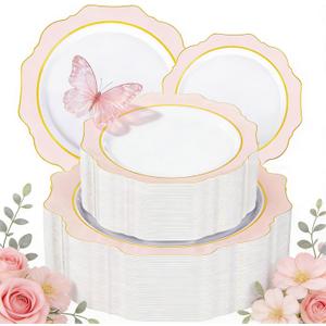 WDF 100PCS Pink Plastic Plates - Heavy Duty Pink and Gold Disposable Plates - Include 50 Dinner Plate 10" and 50 Cake Plastic Plate 7" for Baby Shower/Wedding/Spring/Bridal Shower/Tea Party/Mother's Day, 