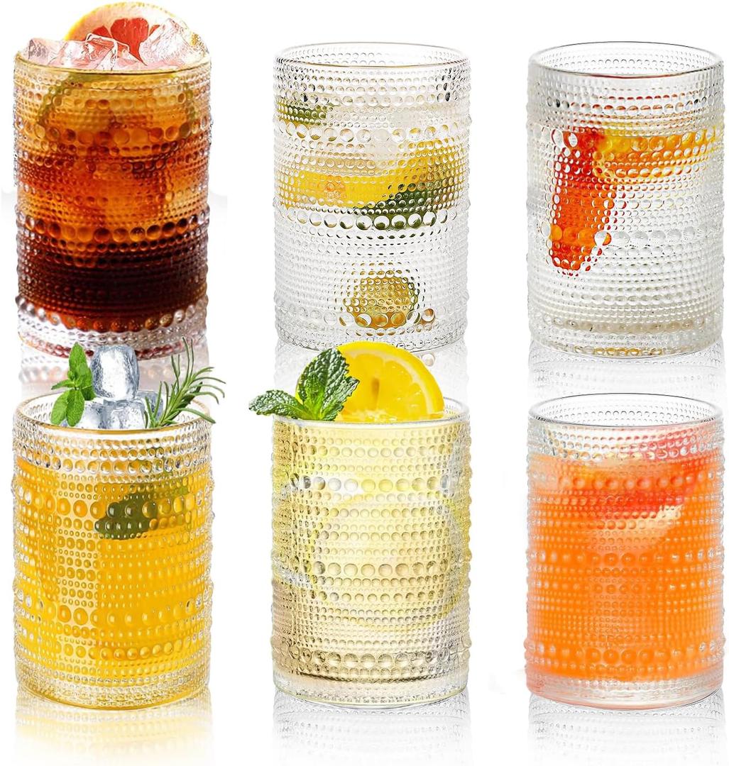 Hobnail Drinking Glasses Set,16 Oz Vintage Embossed Glass Tumbler for Cocktail, Beer, Juice, Water, Whiskey and Kitchen Glassware, 6 Pack
