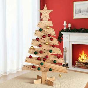 3 ft Wooden Rustic Christmas Tree Decoration 36 Inch Ornament Display Stand with Hanging Hook Village Farmhouse Christmas Tree Xmas DIY Tabletop Craft for Indoor Home Ornament Display