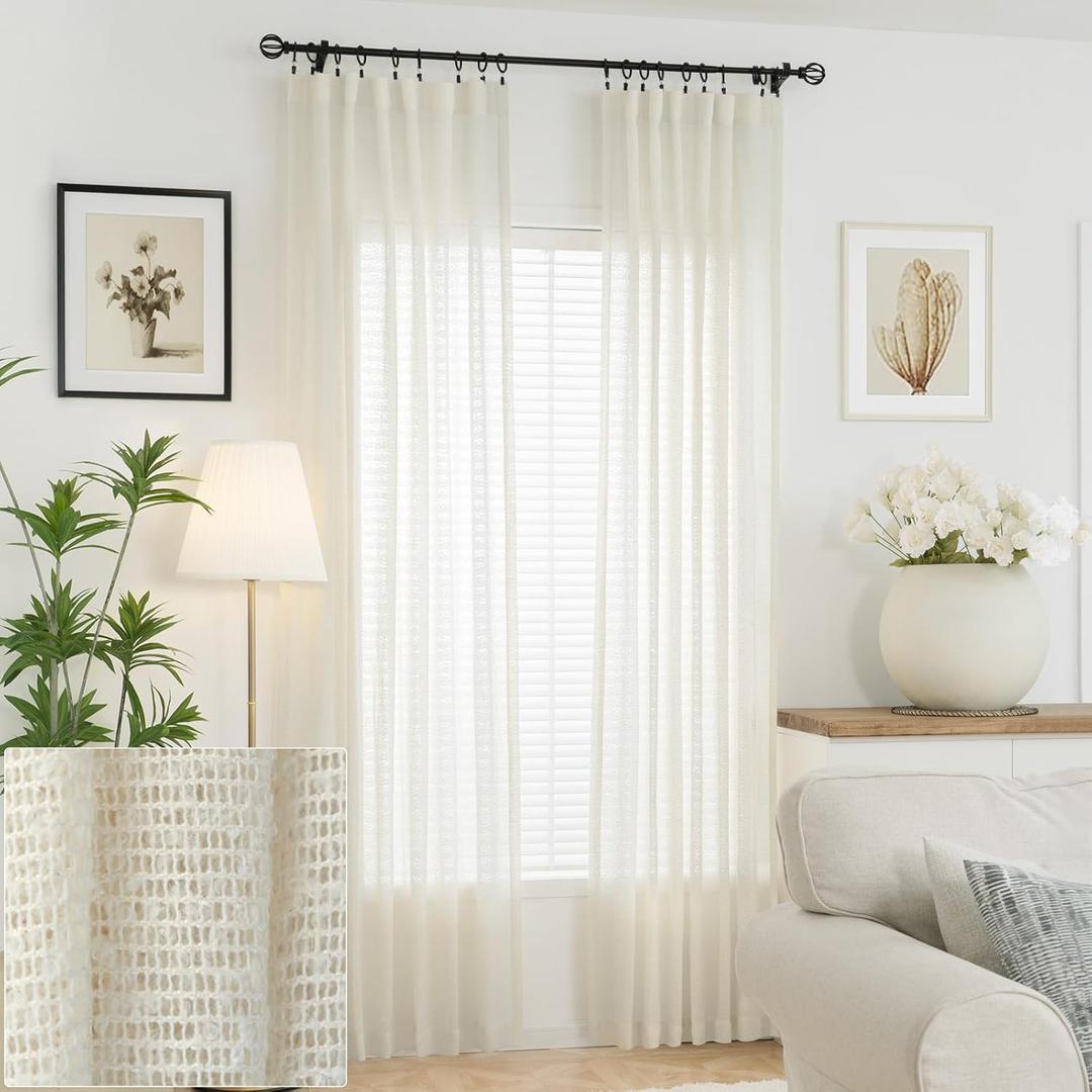 Designer Knit Mesh Curtains,63-inch Long Natural Curtains, Premium Farmhouse Drapes for Living Room Bedroom, Heavyweight Cashmere Cream Drapes,Set of 2 Panels (W50 x L63, Natural) (White Stripe) Designer Knit Mesh Curtains,63-inch Long Natural Curtains, Premium Farmhouse Drapes for Living Room Bedroom, Heavyweight Cashmere Cream Drapes,Set of 2 Panels (W50 x L63, Natural) (White Stripe)