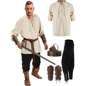 Jiuguva 4 Pcs Halloween Men's Renaissance Costume Set Medieval Pirate Shirt Ankle Banded Pants Viking Belt Accessories XXL Jiuguva 4 Pcs Halloween Men's Renaissance Costume Set Medieval Pirate Shirt Ankle Banded Pants Viking Belt Accessories XXL