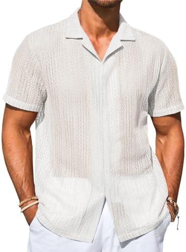 Runcati Mens Button Down Shirts Cuban Collar Casual Short Sleeve Shirt Summer Beach Hollow Out Tops Size XL
