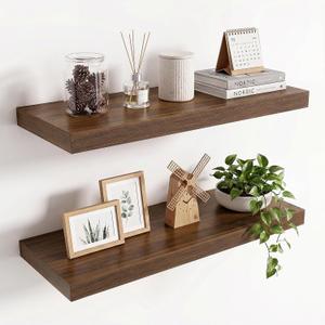 24in Floating Shelves for wall Set of 2, Walnut Wall Mounted Shelf 9.3in Deep for Wall Decor, Hanging Shelf 1.5in Thick for Living Room, Bedroom, Bathroom, Kitchen, Office, 27.5"Wx9.3"Dx1.5"H,Set of 2