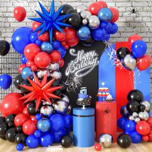 2 x Paready Red Black Blue Balloon Arch, 120 Pcs Matte Red Blue and Black Balloon Garland, Royal Blue Metallic Silver Blue Red Star Foil Balloons for Boys Men Birthday Party Decorations