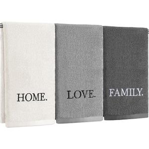 3 Pcs Farmhouse Decorative Hand Towels for Bathroom and Kitchen Rustic Embroidered 100% Cotton Hand Towels Decorative Set for Boho Bathroom Decor (Gray,Home Love Family)