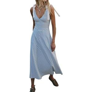 MISSACTIVER Striped Smocked Flowy Midi Dress for Women Summer Sleeveless V Neck Tie Straps Backless Beach Long Dresses Blue White L