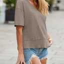 Cicy Bell Womens Summer V Neck T Shirts Casual Short Sleeve Flowy Tops Cute Loose Fit Basic Tees (Beige, L)