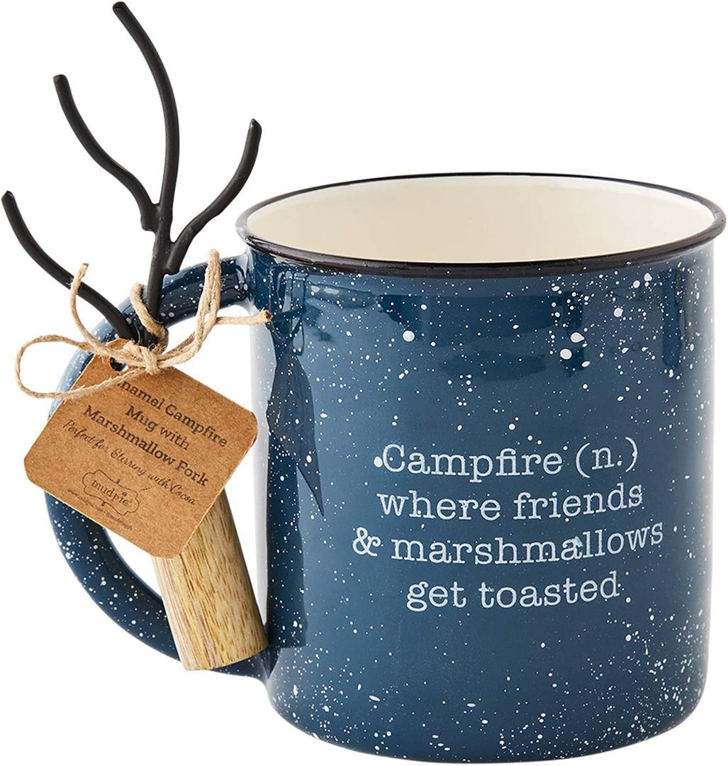 Mud Pie Smores Enamel Set, mug 16 oz | fork 5 1/2", Navy Mud Pie Smores Enamel Set, mug 16 oz | fork 5 1/2", Navy