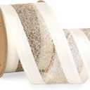 Ribbli Ivoy Wired Ribbon Ivory Satin with Champagne Gold Glitter Mesh 2.5 Inch Christmas Ribbon for Tree Gift Wrapping Wreaths Garland Topper Bows Crafts Home Decor -10 Yards