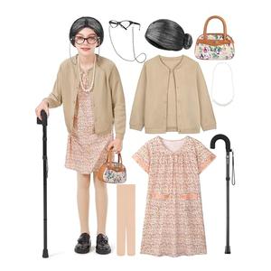 FancyFun 3 Pcs Old Lady Costume for Kids, Girls 100 Days of School Costume Granny Grandma Wig Dress Glasses Cane Accessories Set E 3-4T