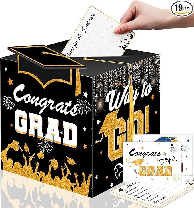 Premium Graduation Card Box, with Cards and Tassel, HQ Thickened Foldable Cardboard Congrats Grad Box Holder, Classic Design, HD Printing, Perfect for Graduation Party Decorations, Different Design