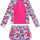 Mioglrie Girls Swimsuit Teen Bathing Suits Long Sleeve Girls' Swimwear Zipper Kids 2 Piece Tankini Swim Suit for Girl