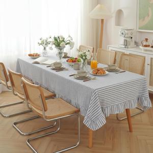 Boao Cotton 60 x 120 Inch Farmhouse Ruffle Tablecloth Blue White Striped Flounces Trim Table Cover for Rectangle Table Kitchen Party Wedding Decor