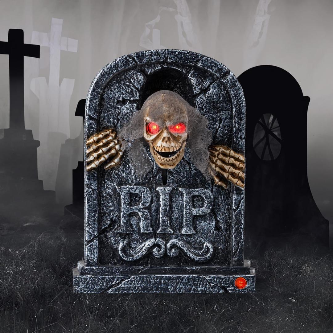 Motion Activated Halloween Animatronics Zombie Tombstone - LED Gravestone Decorations with Spooky Skeleton Skull Head, Light Up Eyes, Creepy Voice, Scary Motion Haunted Horror Prop for Indoor/Outdoor