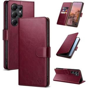 Wallet Case for Samsung Galaxy S25 Ultra with RFID-Blocking Credit Card Holder, PU Leather Folio Flip Cover Women Men Protective Phone Case Compatible with Samsung S25 Ultra, Wine Red