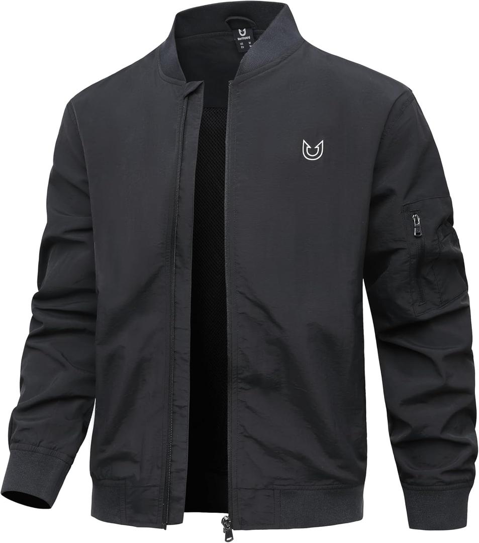 NORTHYARD Men's Bomber Jacket Lightweight Casual Windbreaker Zip Up Fashion Windproof Coat Spring Fall (Black, L)