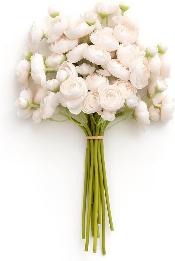 Ling's Moment Ranunculus Artificial Flower, Faux Silk Mini Ranunculus Flowers for DIY Bouquet, Bulk Fake Wedding Filler Flowers for Centerpieces Arrangements Bridal Shower Decorations, Wht-cream