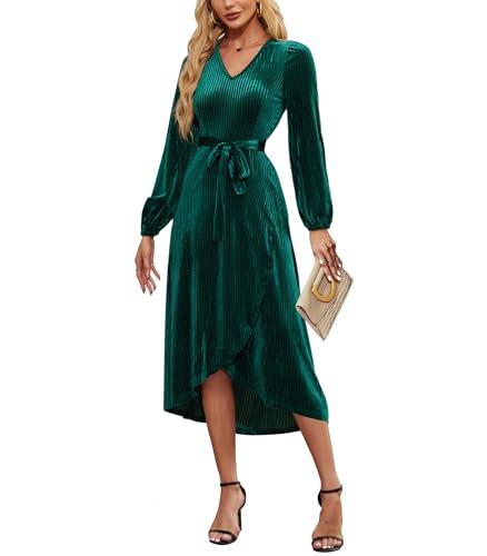 ETOSELL Women's Velvet V Neck Puff Sleeve Dress for Wedding Guest Cocktail Elegant Bodycon Party Midi Dress Green, XL
