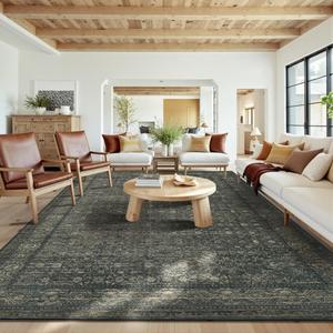 10x14 Washable Area Rug for Living Room, Extra Large,Green Vintage Floral Boho Rugs for Dining Room, Farmhouse, Durable Low Pile Non Slip Carpet for High Traffic Areas, Moss Brown