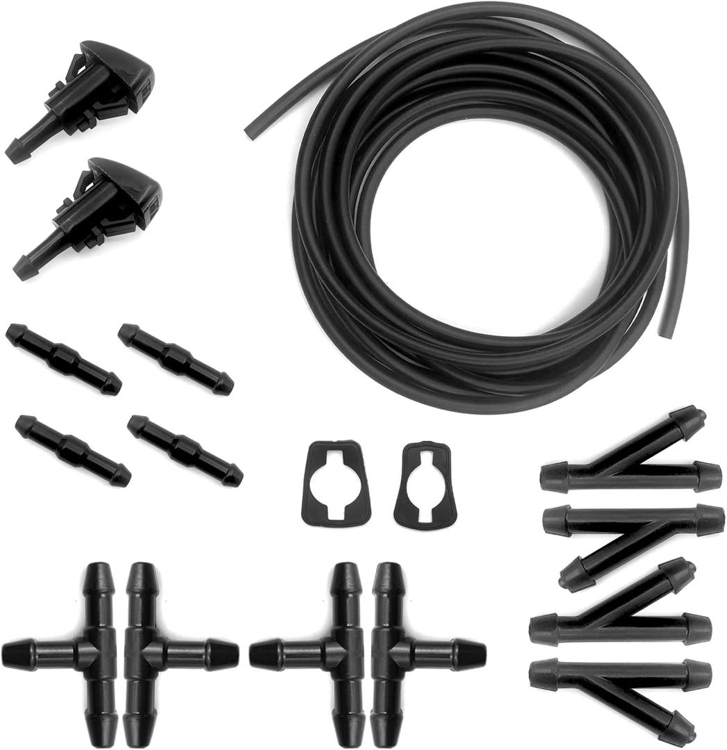 Windshield Washer Hose Kit, 5M Washer Fluid Hose+12 Pcs Hose Connectors+2 Fan Nozzles+2 Rubber Gaskets, Connect Car Water Pump and Nozzles, Suitable for Most Car Windshield Washer Tubing