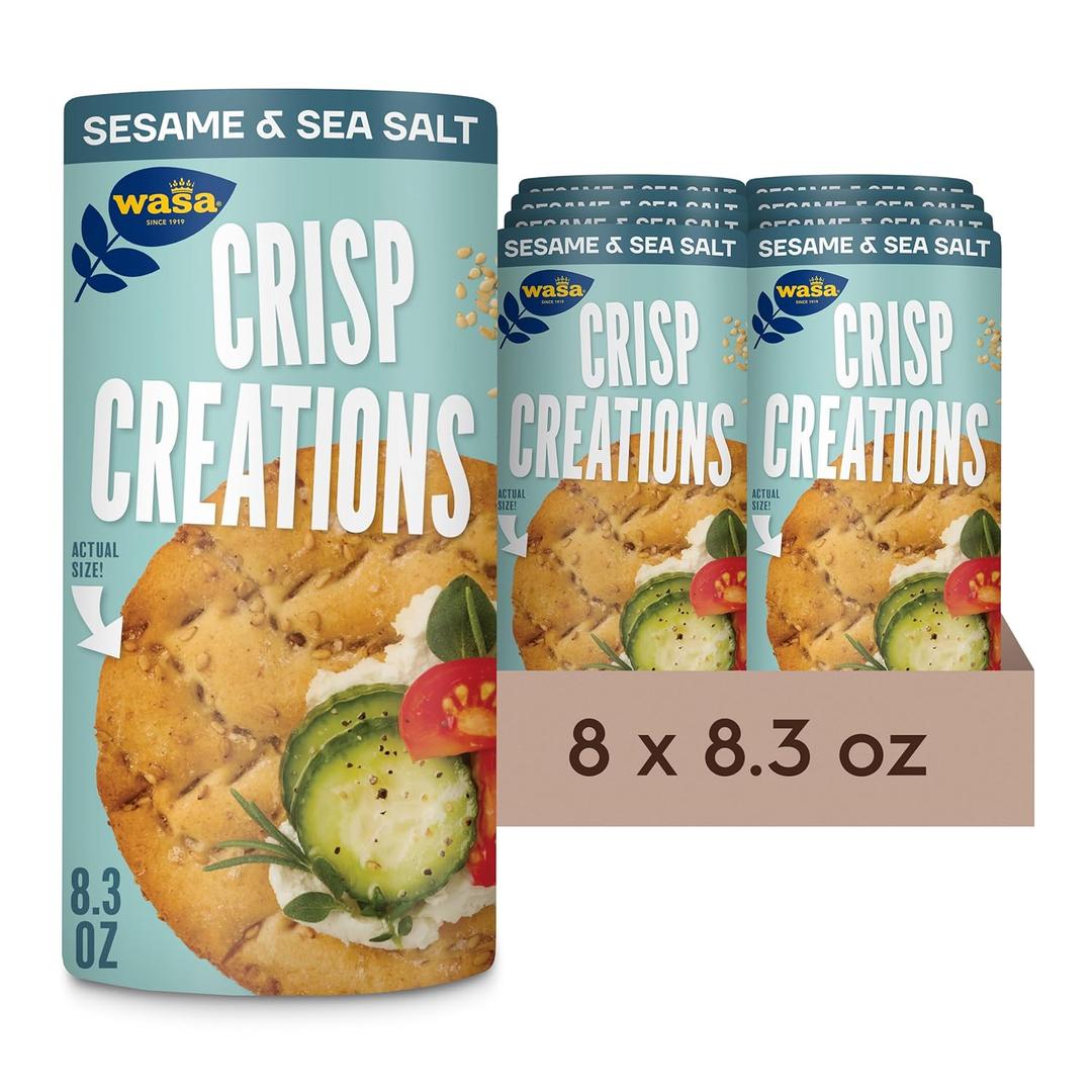 Wasa Sesame and Sea Salt Crisp Creations, 8.3 oz. (Pack of 8), Large Round Toppable Crackers Made With Real Sea Salt for Snacking and More, Wholesome Oven Baked Crackers With a Hearty Crunch