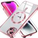 Misea Magnetic for iPhone 14 Case Compatible with MagSafe [Never Yellowing] [Military Grade Drop Protection] Full Camera Lens Protector Plating Soft Clear Phone Case for Women Girls, Pink