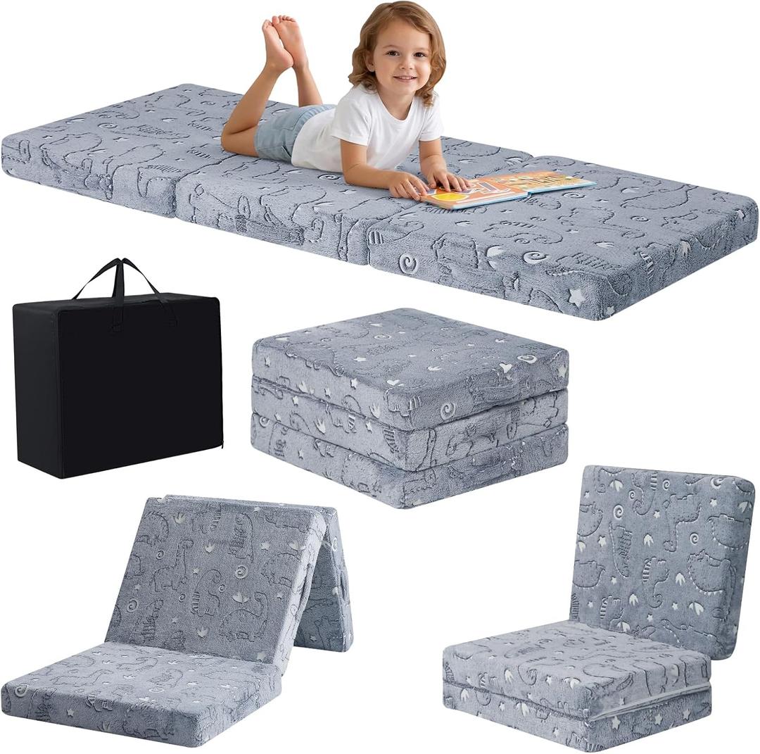 MeMoreCool Foldable Floor Mattress for Kids, Glow Dinosaur Trifold Nap Mat for Toddlers, Portable Sleeping Futon for Daycare or Floor Bed, 57x22 Inch