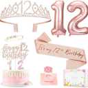 12th Birthday Decorations for Girls, Including 12 year old Cake Topper, Birthday Queen Sash with Pearl Pin, Sweet Rhinestone Tiara Crown, Number Candles and Balloons Set, Rose Gold