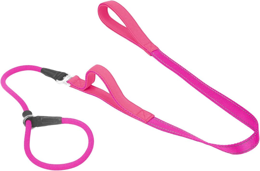 Slip Lead Dog Leash with Double Handle, Reflective Dog Training Leash - 360 Swivel Anti-Tangle - Heavy Duty Nylon - Medium, Large, Small - No Pull Walking - 5FT - Hot Pink