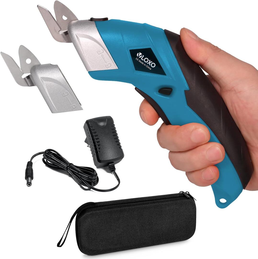 VLOXO Cordless Electric Scissors Electric Box Cutter with 2 Type Blades Rechargeable Cordless Scissors Powerful Shears Cutting Tool Cardboard Cutter for Fabric Cardboard Carpet Leather Felt Blue