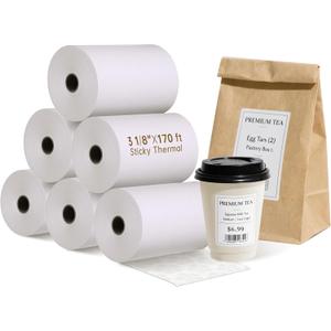 Sticky Thermal Receipt Paper 3 1/8" x 170' | 6 Rolls Linerless Wrinkle-Free Adhesive | For TOAST POS, Epson TM-L90 Sticky Label Paper, Kitchen Order, Delivery & Shipping Labels | Residue-Free