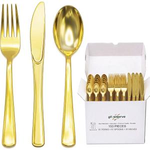 153 Pack Gold Plastic Silverware - Heavy Duty Gold Silverware Set - 51 Forks, 51 Knives, 51 Spoons Plastic Cutlery Disposable Utensils Set for Holiday Party Dinner Wedding Gathering