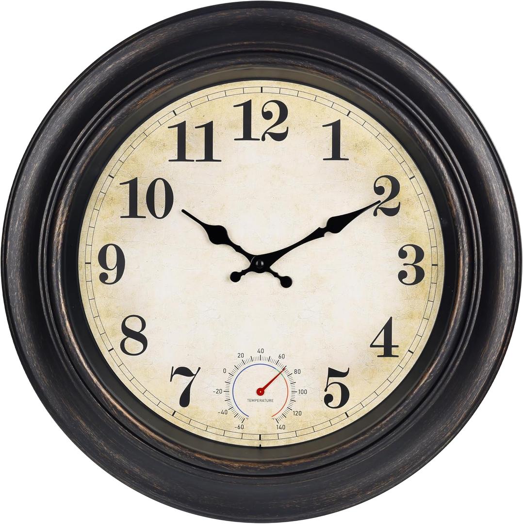 Large Outdoor Clocks Waterproof with Thermometer Combo Vintage Outdoor Wall Clock Decor for Patio Pool Garden(18 Inch)