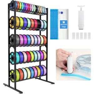 LUCKUP 3D Printer Filament Storage Rack Stand w/Vacuum Bags &Pump, 5-Tier Large Capacity Filament Organizer for PLA/ABS/TPU/Nylon, Heavy Duty Metal Filaments Spool Shelf for Studio, Office, Workshop