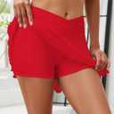 GRAPENT Swim Skirt Bottoms for Women Criss Cross High Waisted Bikini Bottom Layered Mesh Flowy Shorts Bathing Suit Skort (Red, L)