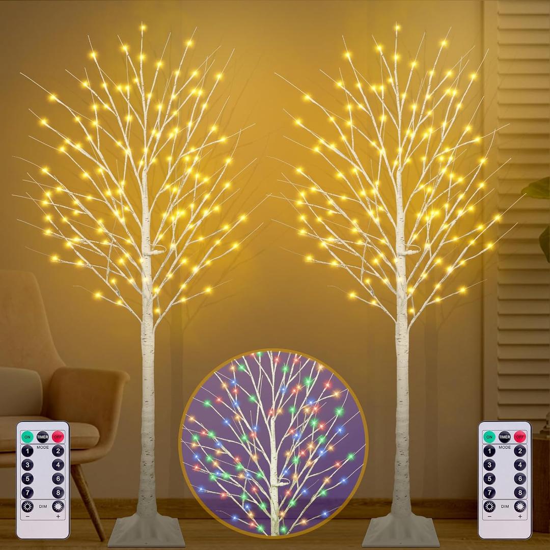 6FT Lighted Birch Tree with 130 LED Warm White and Multicolor Lights, 8 Modes, Timer Remote Faux Light Up Twig Christmas Tree for Indoor Outdoor Xmas Holiday Party Garden Decoration (2 Pack)