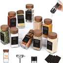 Yangbaga 14Pcs Glass Spice Jars with Labels-4oz Acacia Wood Lid Square Spice Containers with Pepper Grinder Lids &Funnel,Seasoning Jars for Rack Cabinet Drawer