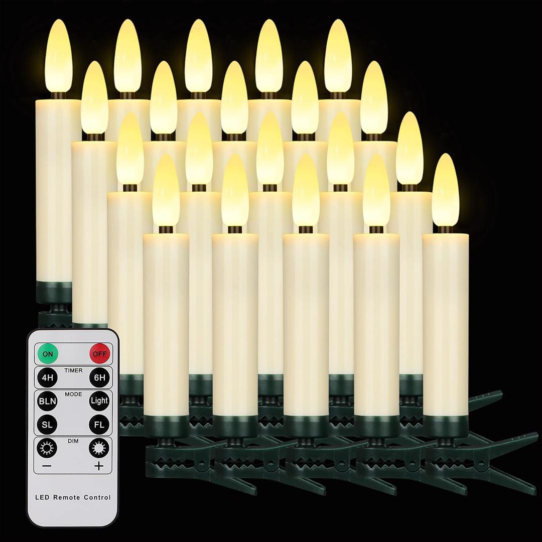 20PCS LED Christmas Tree Candles with Remote and Timer, Waterproof Battery Operated Flameless Flickering Taper Candle Lights, Warm White Electric Fake Candles for Christmas, Home Decoration (Ivory) (20PCS 0.6D x 3.75"H(3D))