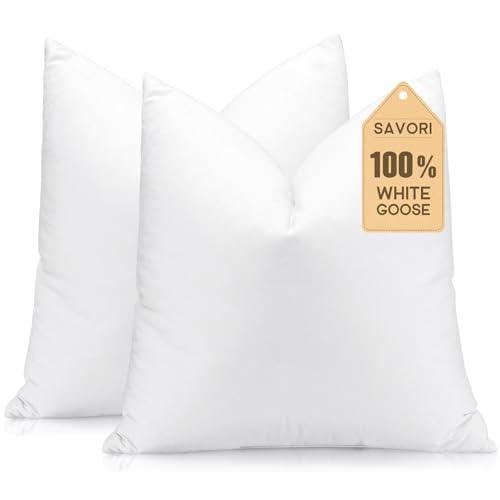 SAVORI Set of 2 Down and Feather Throw Pillow Inserts 26x26 Soft Fluffy Pillow Inserts with 100% Down-Proof Cotton Cover, Decorative Square Cushion Inner for Sofa Couch Bed-White