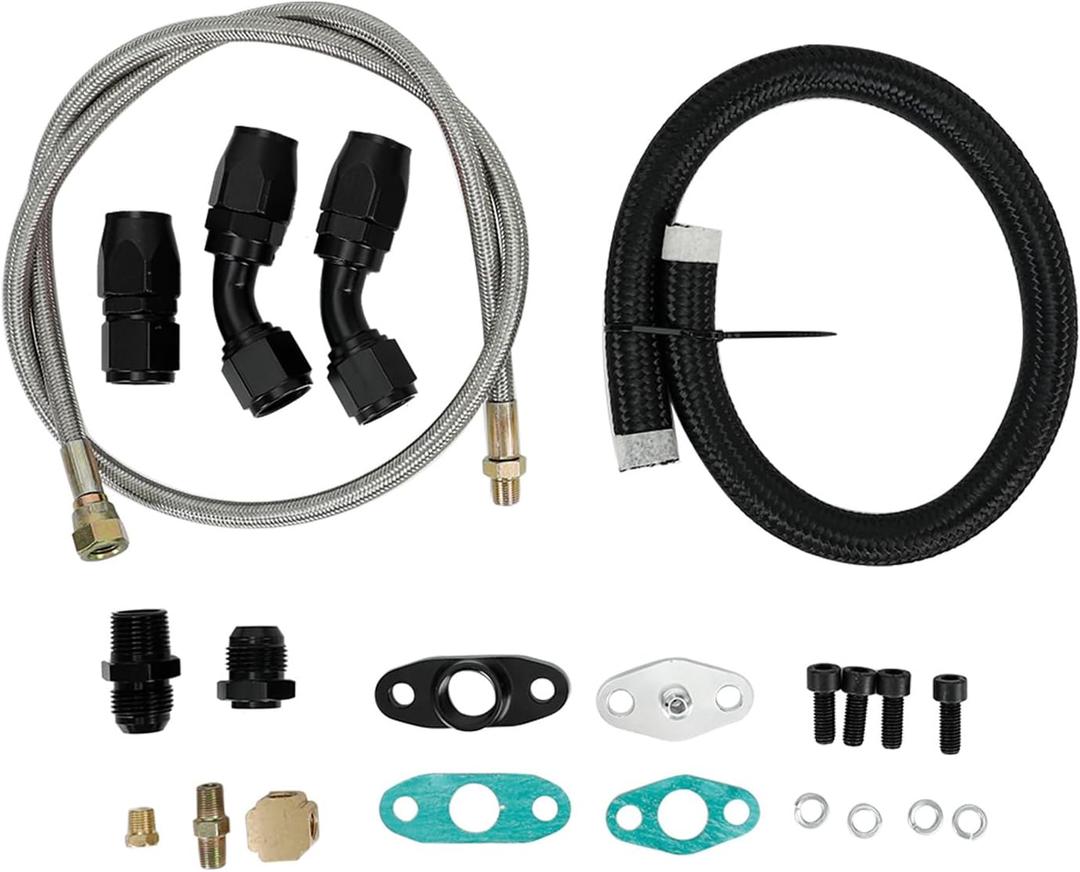 Turbo Oil Drain Line Kit for T3/T4/T04E/T60/T61/T70, Stainless Steel Braided Oil Feed Line with Gaskets and Screws