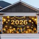 Happy New Year Banner 13x6ft New Year Eve Celebration 2026 Garage Door Banner Elegant Black and Gold Backdrop New Year's Eve Garage Door Cover Decoration for Celebration Party Indoor Outdoor House Wall Background