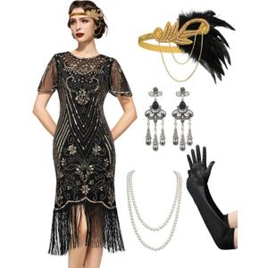 SWEETV Great Gatsby Lace Neck Flapper Dress - 1920s Dress for Women With Sleeve - Roaring 20s Costume (Small, Black-gold)