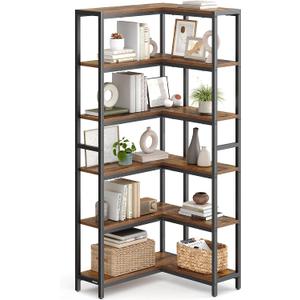 VASAGLE 6 Tier Bookshelf with Metal Frame, Convertible Industrial Corner Shelf, 9.4 x 40.2 x 69 Inches, for Living Room, Bedroom, Home Office, Rustic Brown and Ink Black ULLS606K01